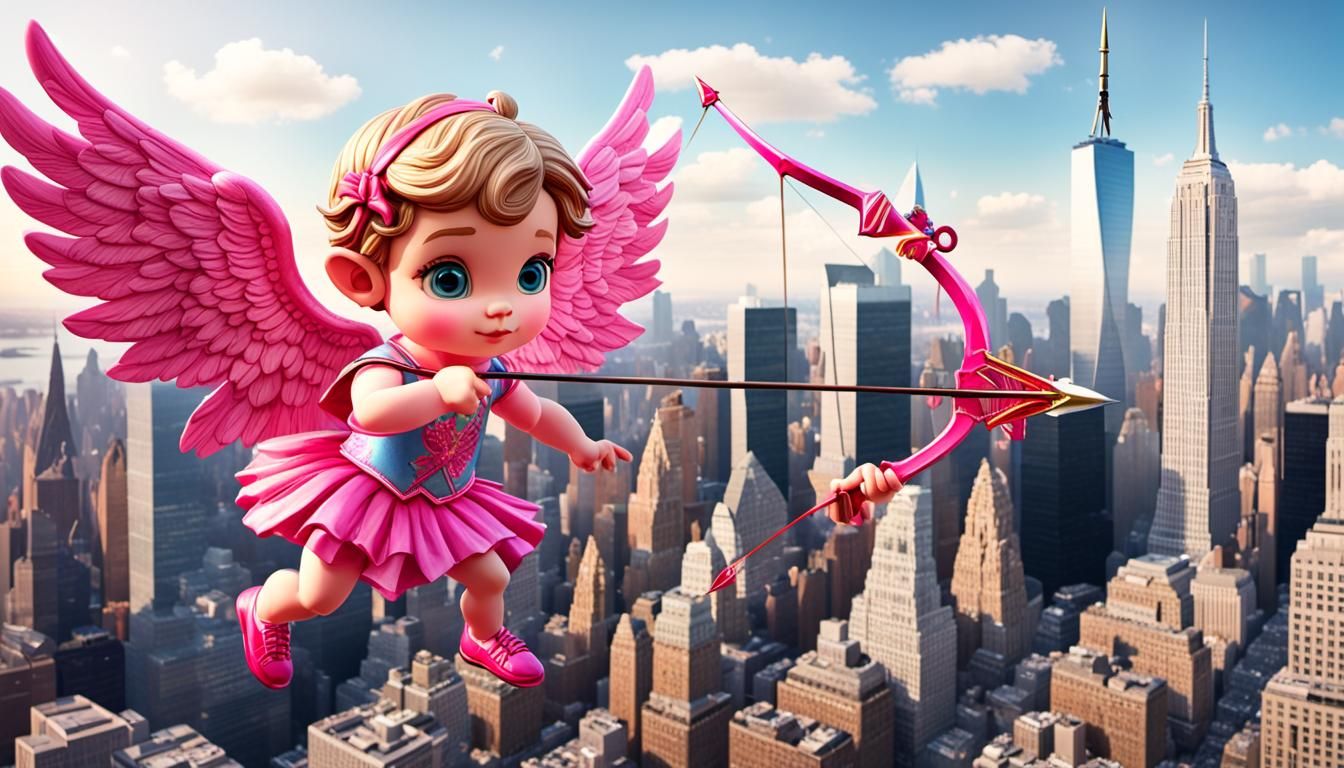 Cupid with Bow and Arrow in Hyperreal Manhattan Scene
