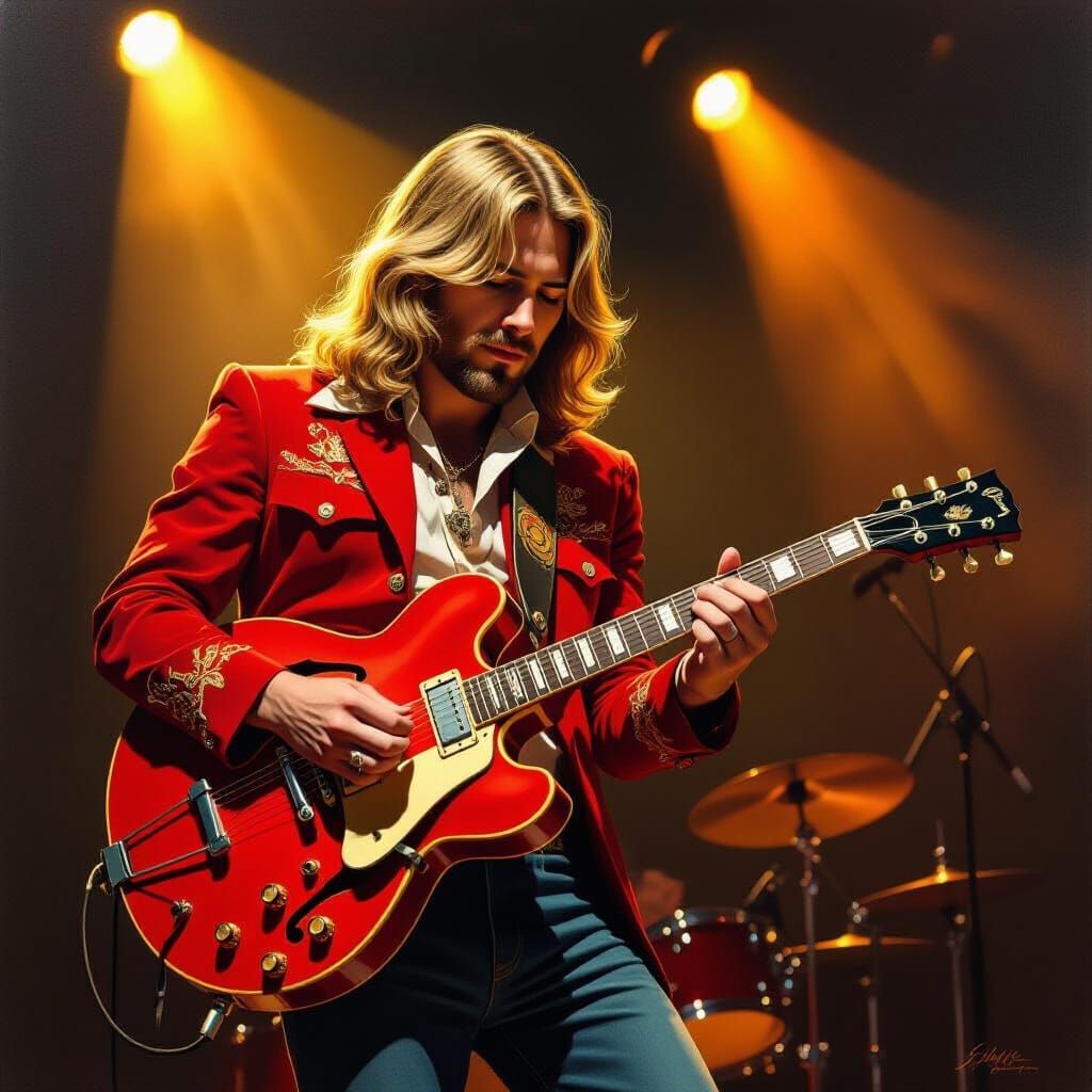 Musician Plays Cherry Red Gibson E-335 on Stage in 1971 Oil ...