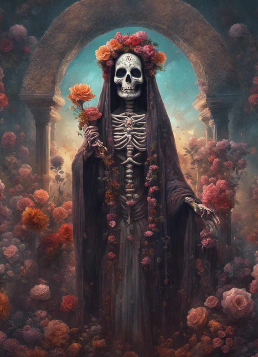 Ethereal Santa Muerte with Colorful Flowers