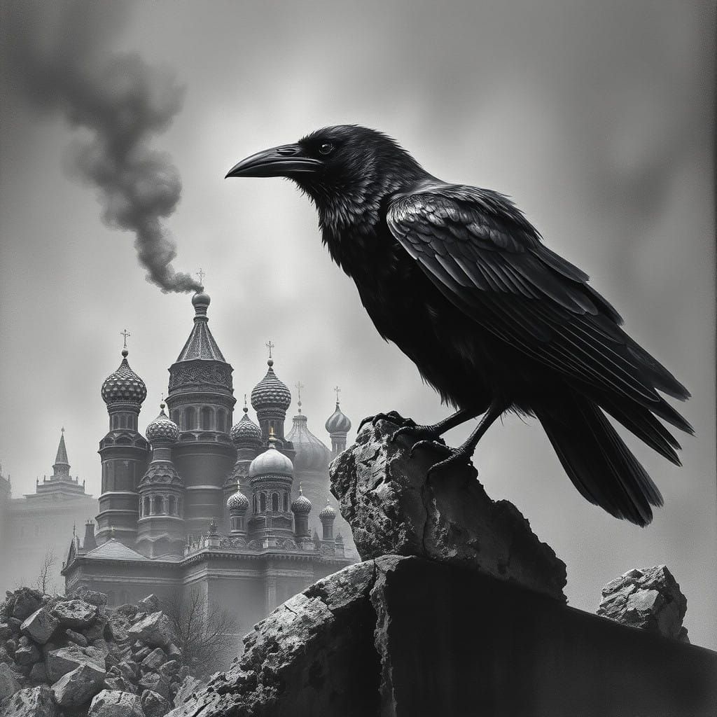 Majestic Crow Observes Kremlin Ruins in a Gritty, Hyper-Real...