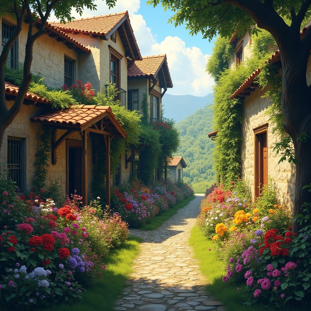Lush Garden in Rustic Village, Detailed Matte Painting
