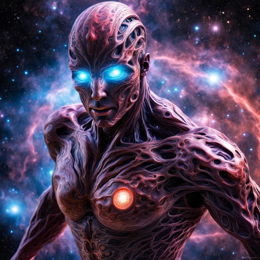 Hyperrealistic Plasma Man in Cosmic Fantasy