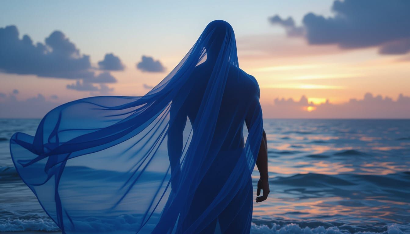 Twilight Seashore Figure in Flowing Veil