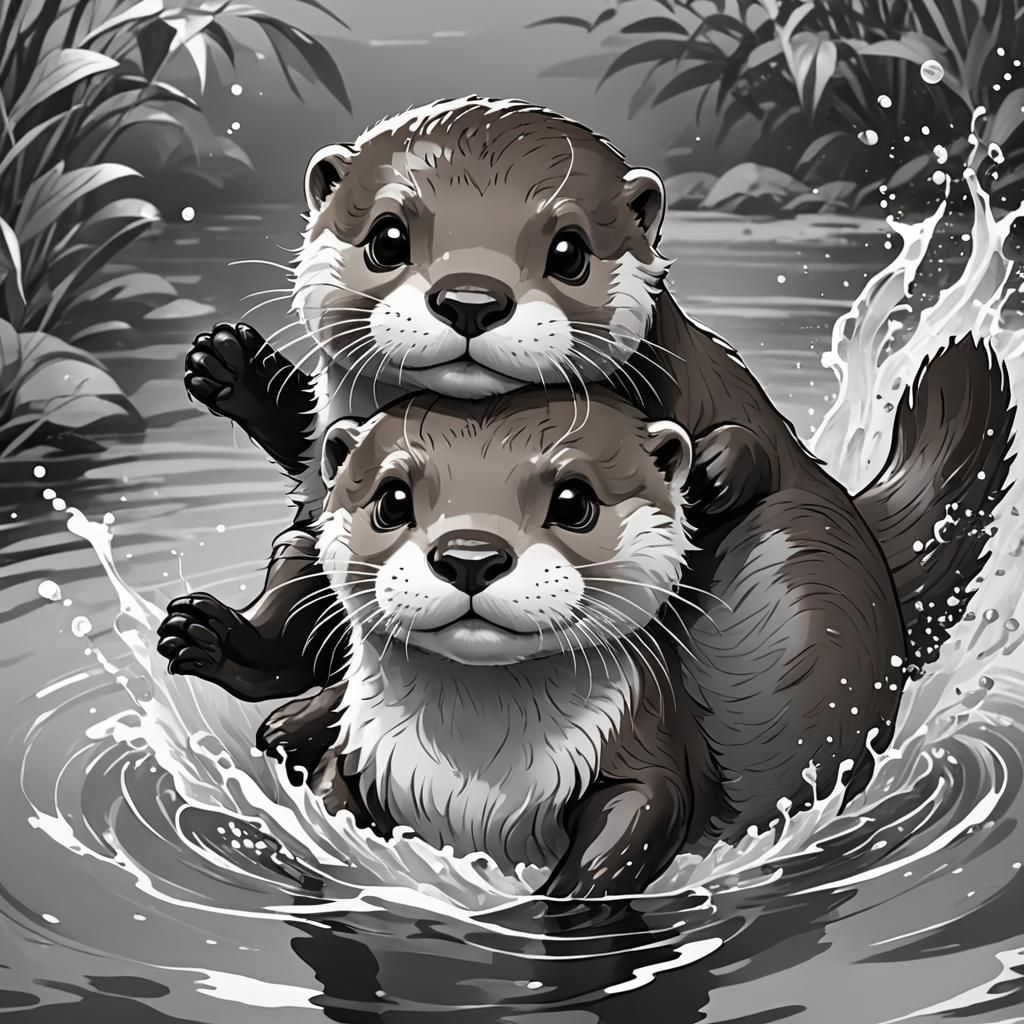 Cute Otter Couple Playing: Anime Coloring Book Style