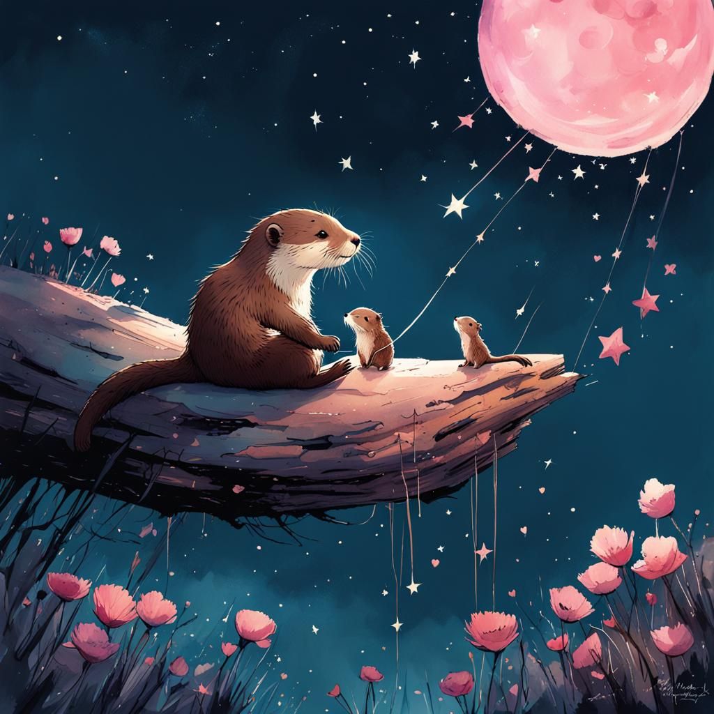Otters in Starry Sky: Watercolor Splash Art