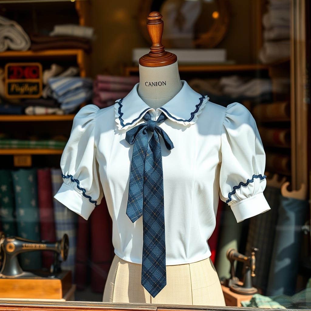Vintage-Inspired Blouse with Tartan Tie on Wooden Mannequin