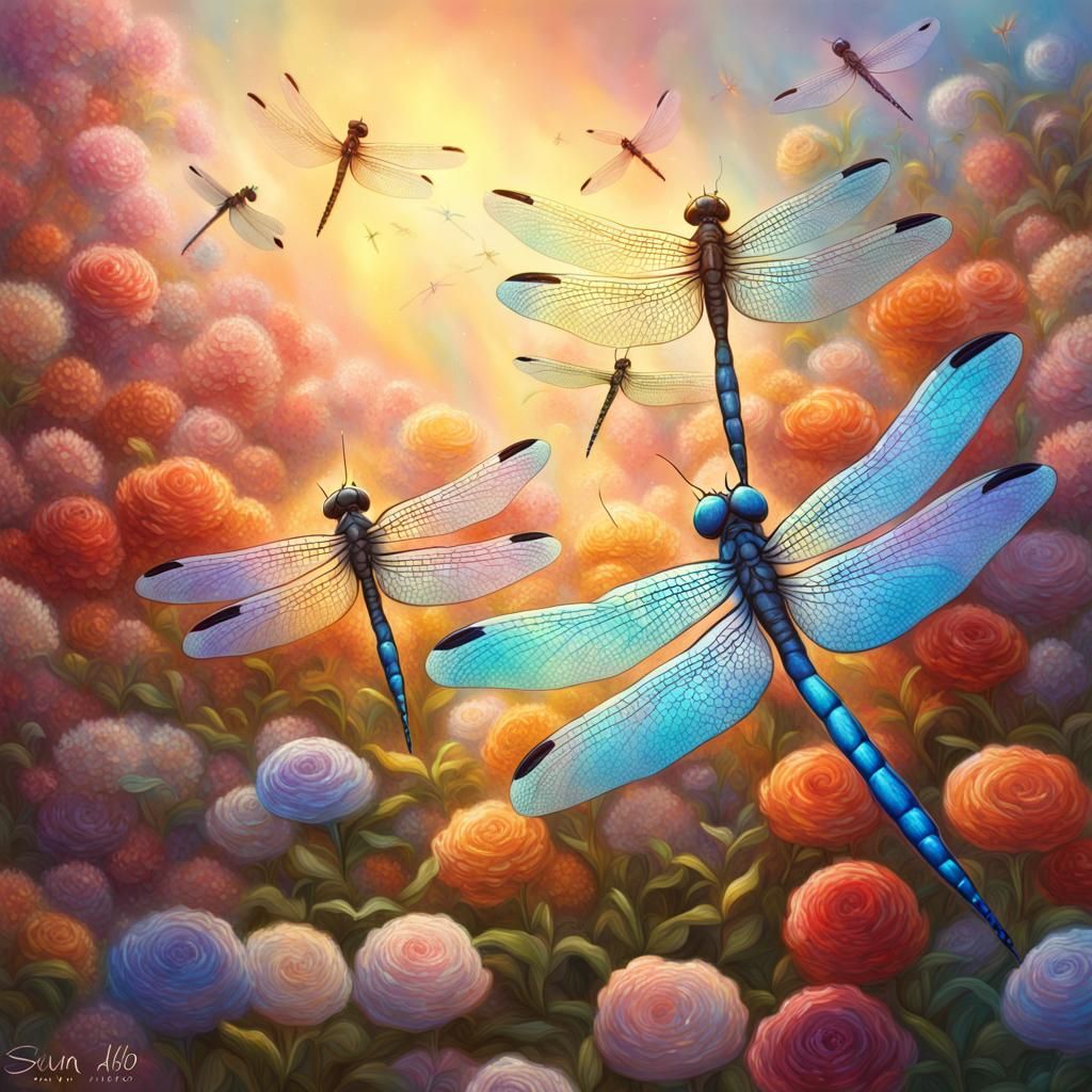 Dragonflies in Glittering Flower Garden: Hyperrealistic Spla...