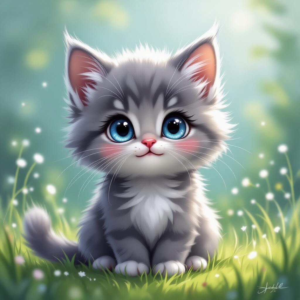 Adorable Baby Grey Cat with Big Blue Eyes