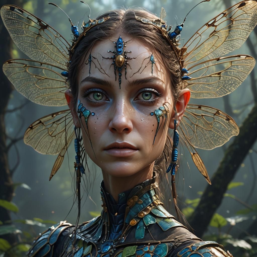 Hyperrealistic Portrait of a Damselfly-Humanoid Hybrid in 8K