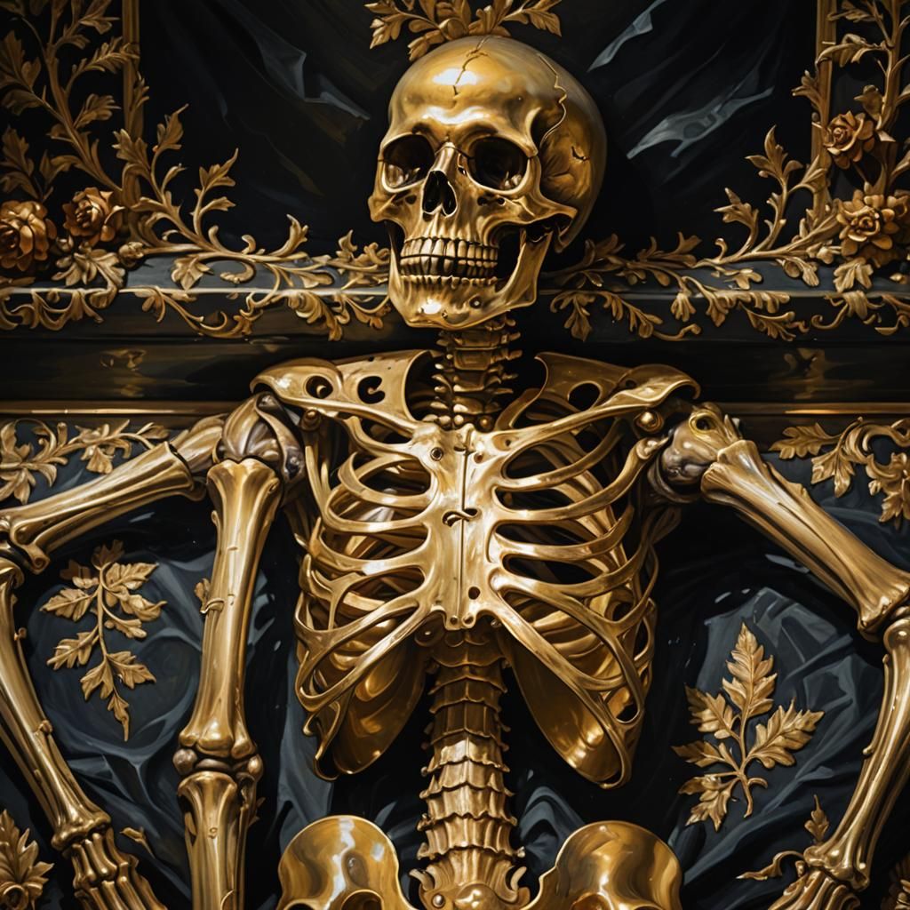 Golden Skeleton in Coffin: Classical Oil Painting