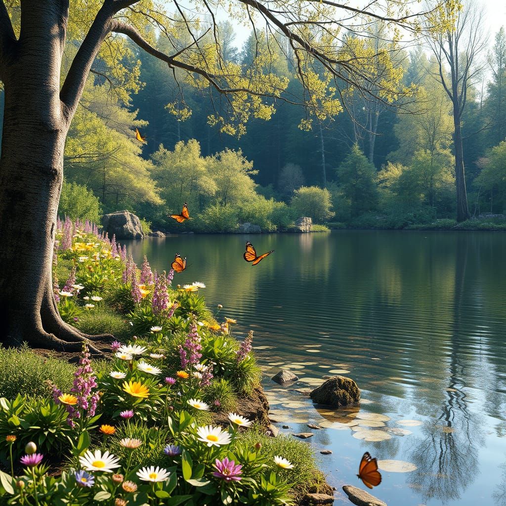 Vibrant Spring Landscape at a Lush Forest Lake