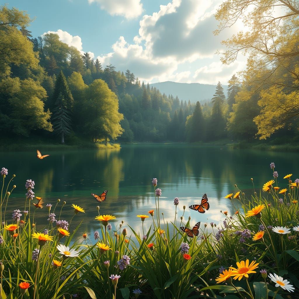 Vibrant Spring Forest Landscape with Butterflies in 3D Reali...