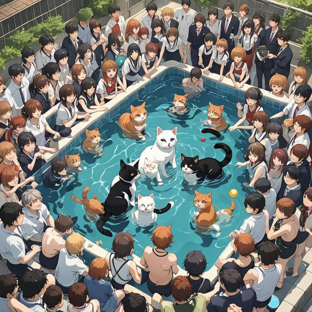 Cat in Pool: Anime-Style Illustration