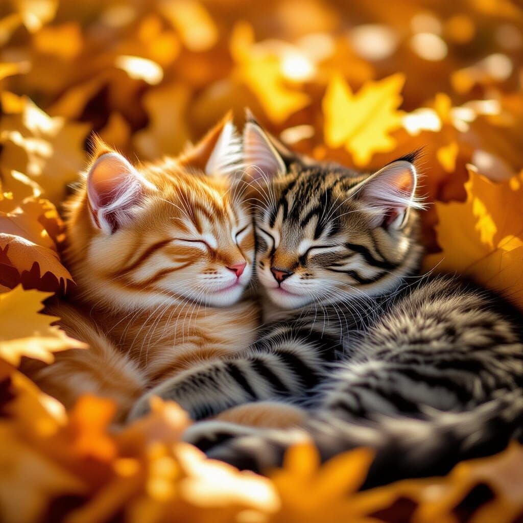 Two Cats Cuddled in Autumn Leaves