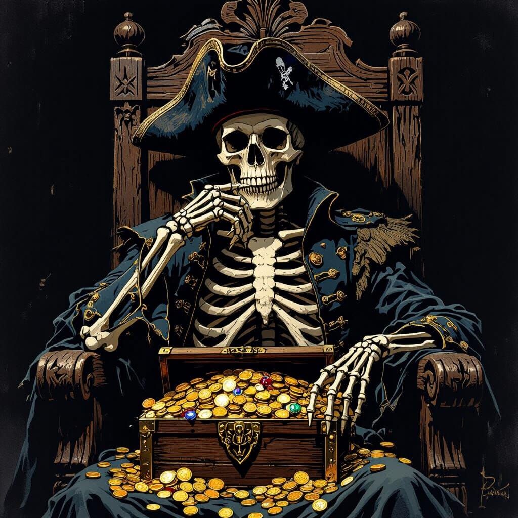 Gothic Pirate Skeleton King on Throne with Treasure