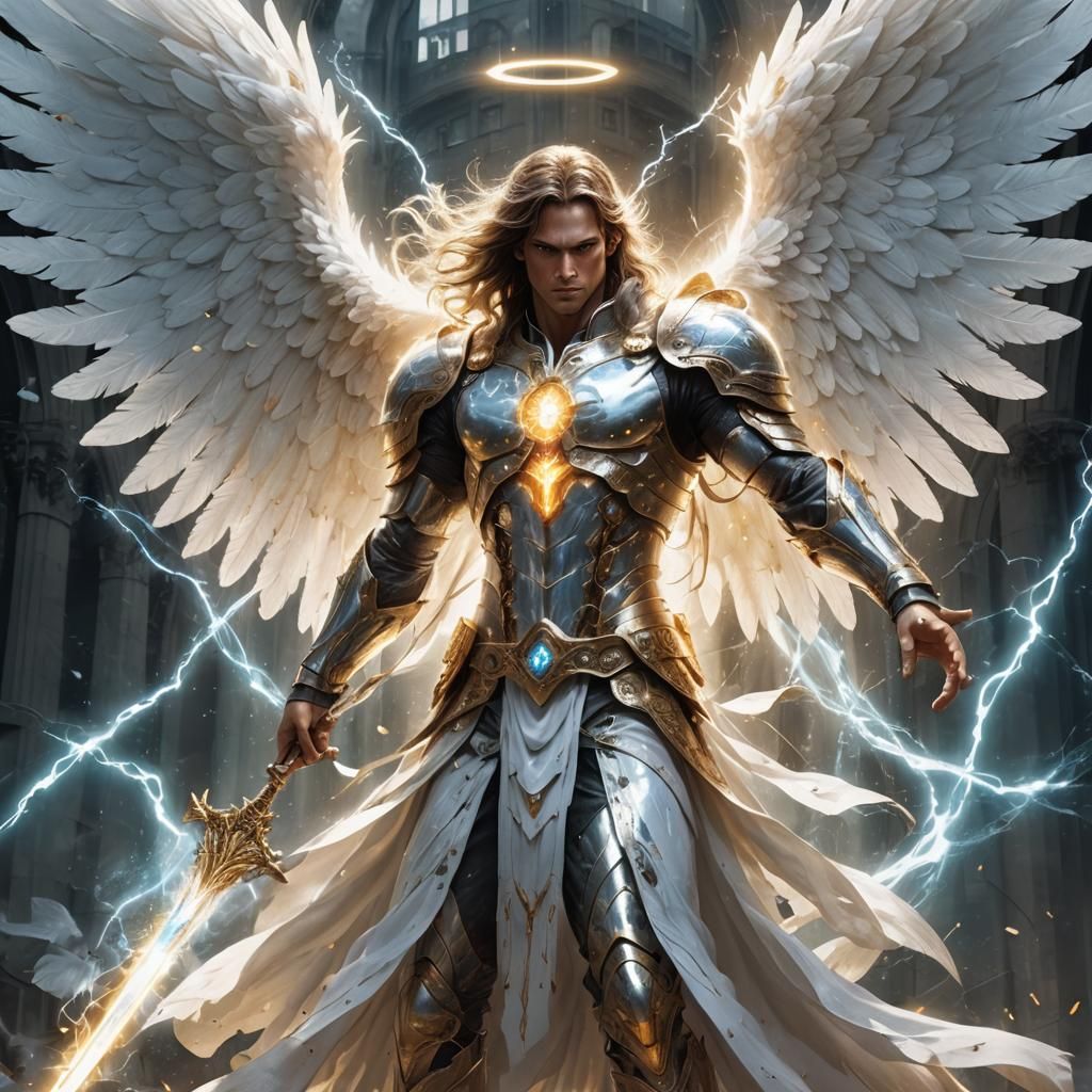 Ethereal Angel with Glowing Sword in Anime Style