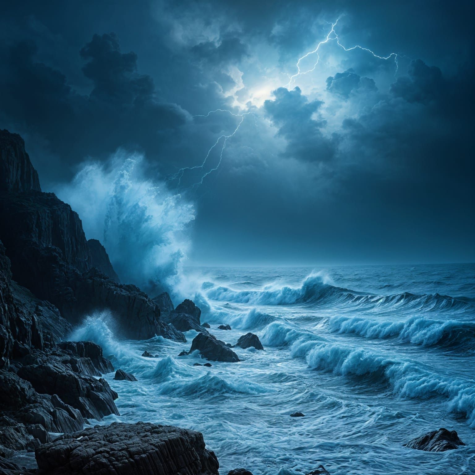 Tempestuous Seascape with Electric Blue Lightning