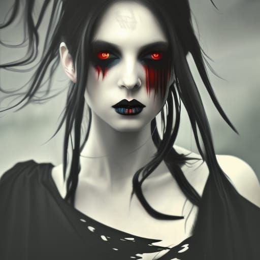Ethereal gothic vampire Young lady with black hair& Crystal blue eyes& Red eyeshadow& Black eyeliner& Black lipstick& et...