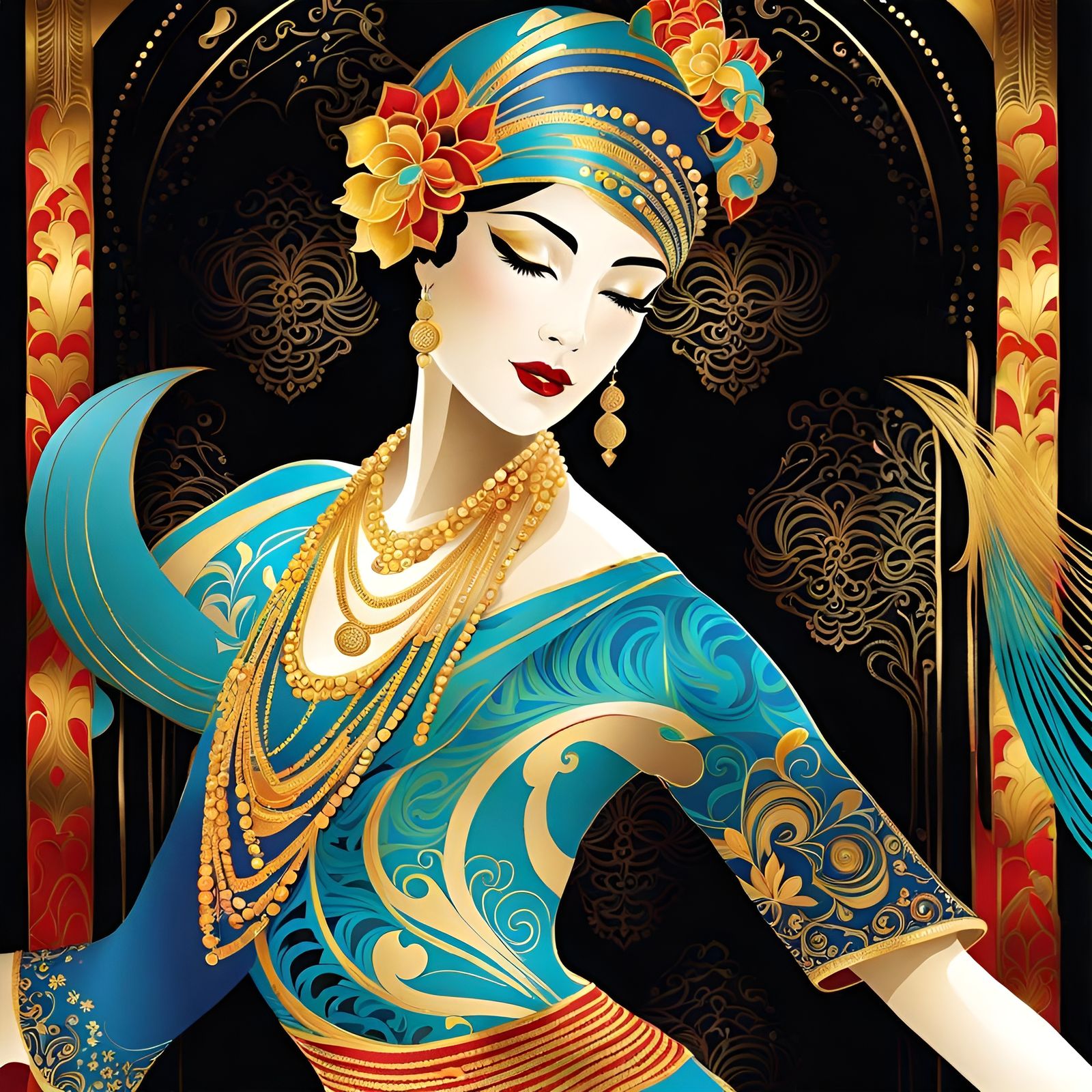 Beautiful Dancer in Colorful Art Deco Batik