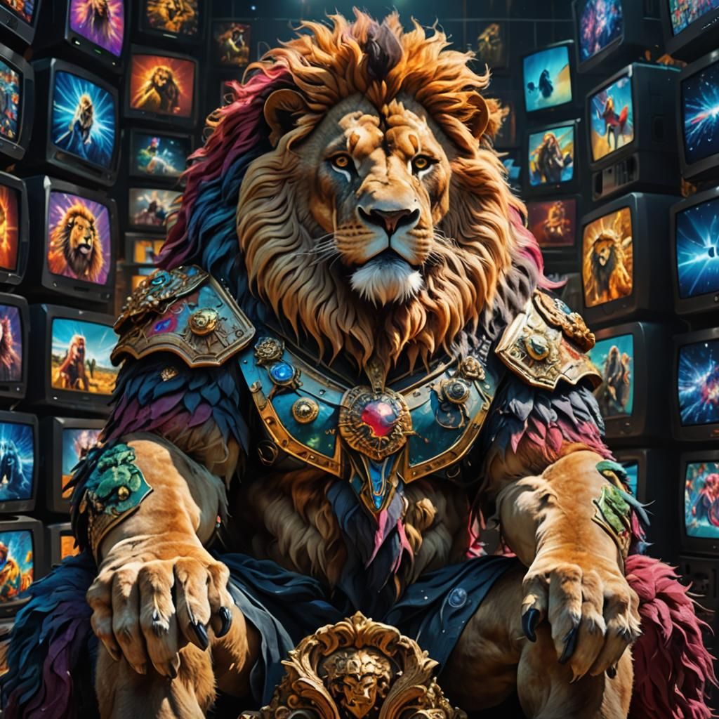 Lion God watching the World on Screens