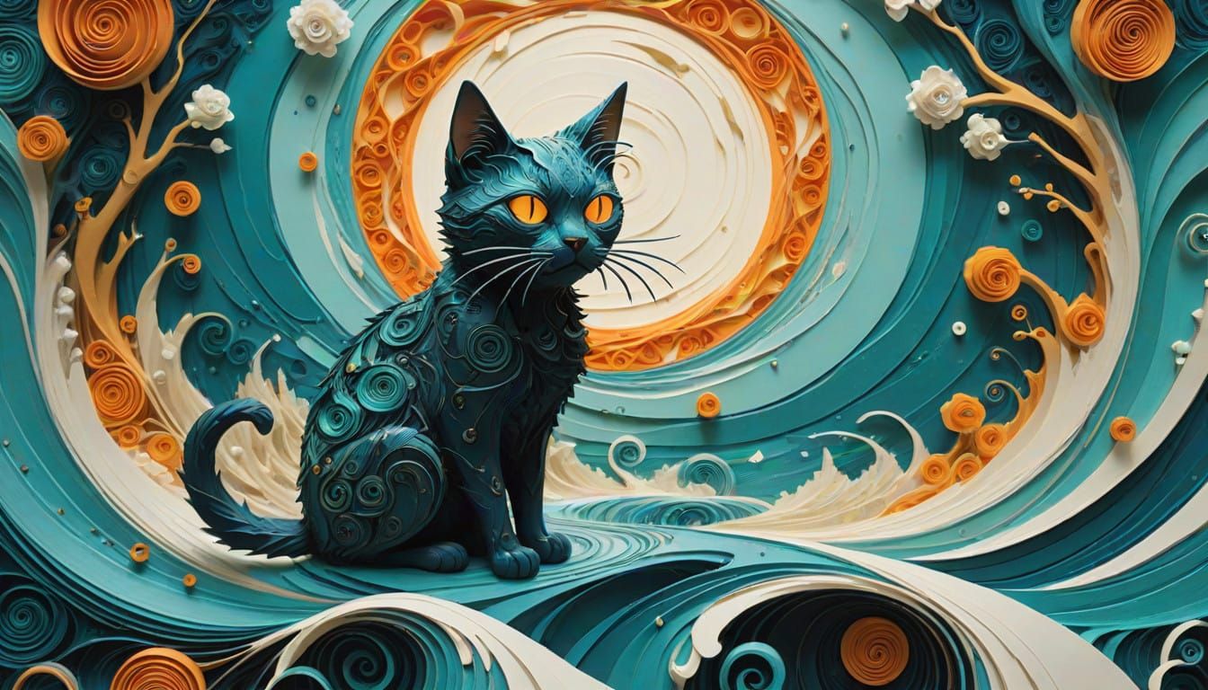 Whimsical Cat in a Swirling Storm, Folk Art meets Neo-Expres...