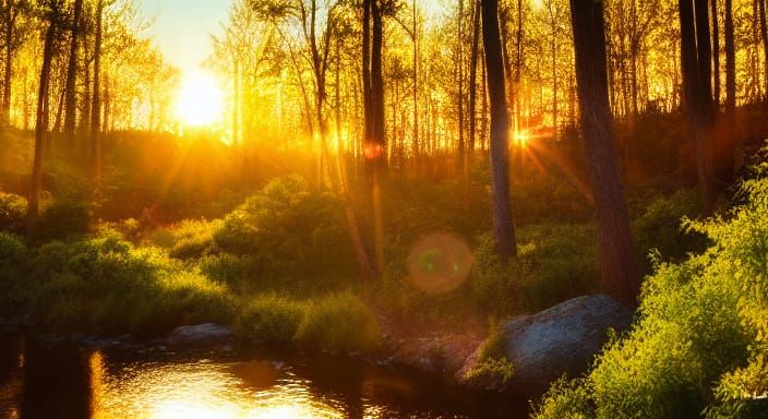 Golden Forest Landscape at Sunset by the River