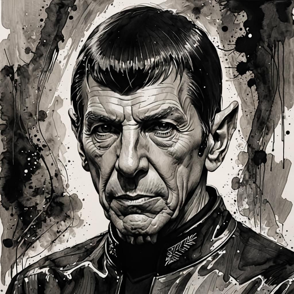 Detailed Black Ink Portrait of Spock as Watercolor