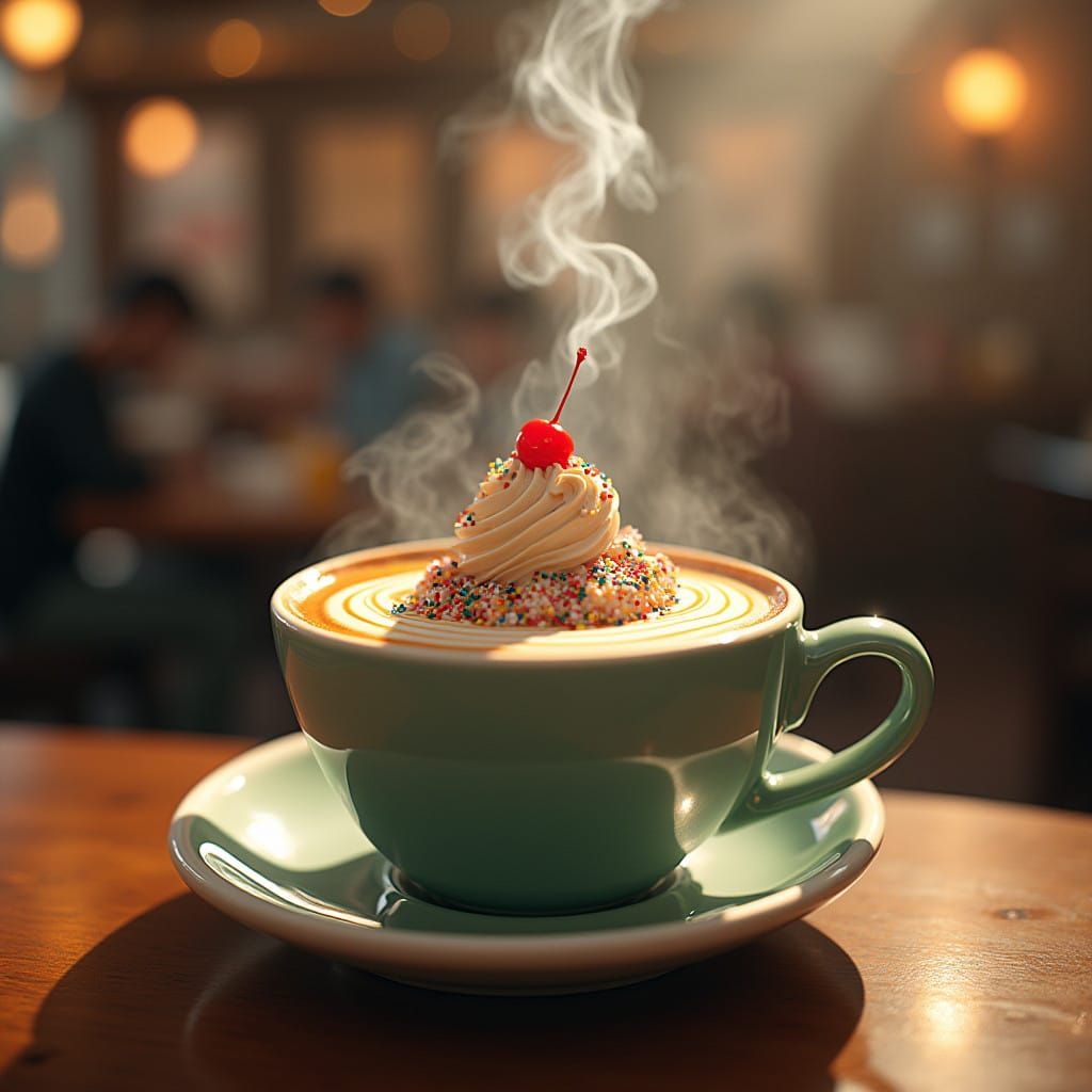 Futuristic Café Scene with Cappuccino and Ice Cream