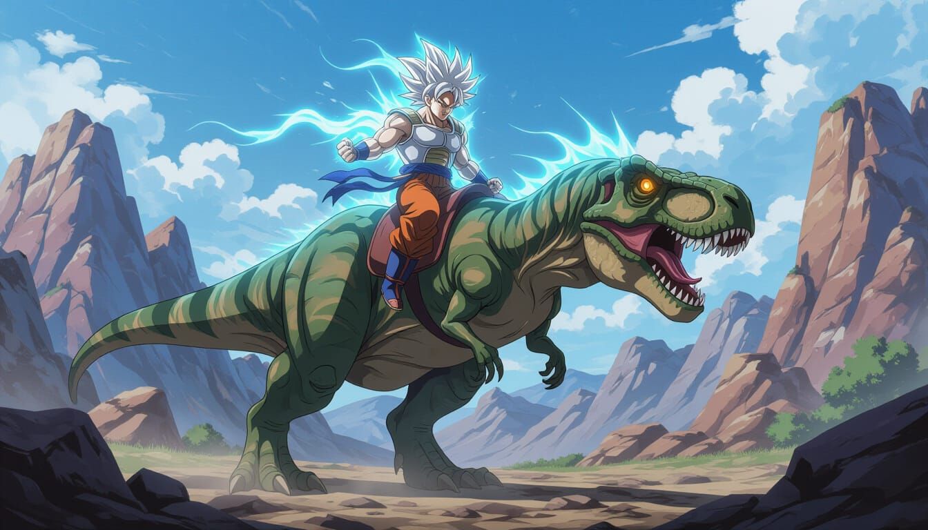 Goku Rides T-Rex with Ultra Instinct Aura