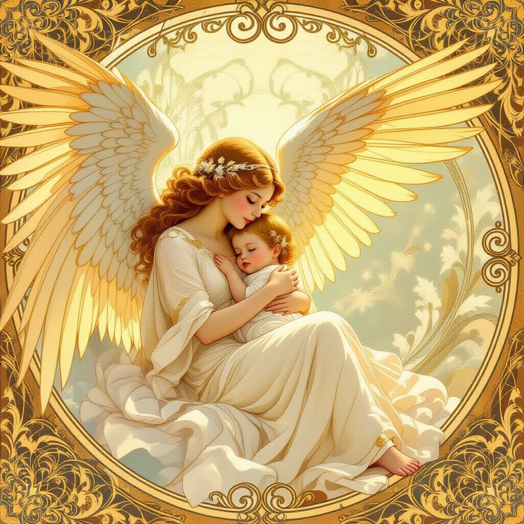 Golden Angel Cradles Baby in Ethereal Art Nouveau Style