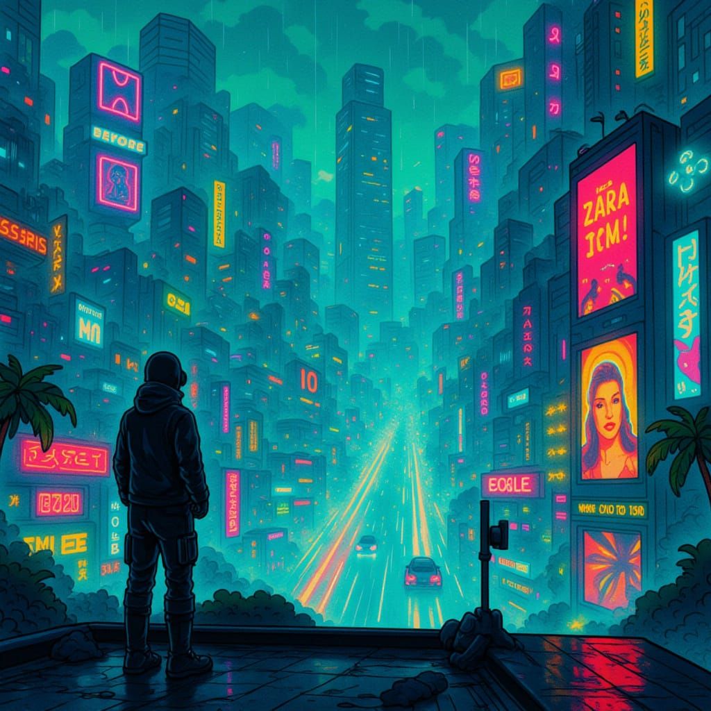 Lone Figure on Rainy Rooftop Over Cyberpunk City