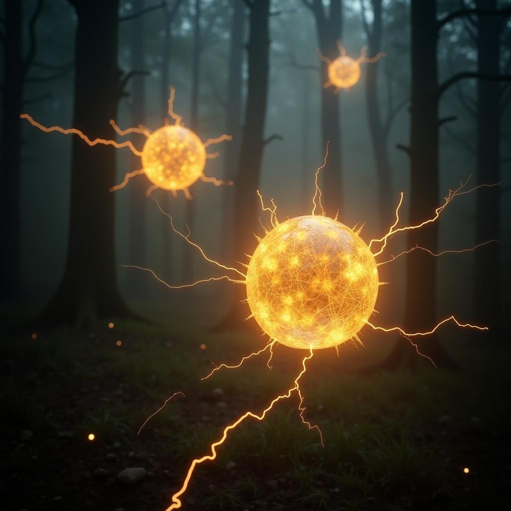 Golden Energy Orbs in Dark Fantasy Forest