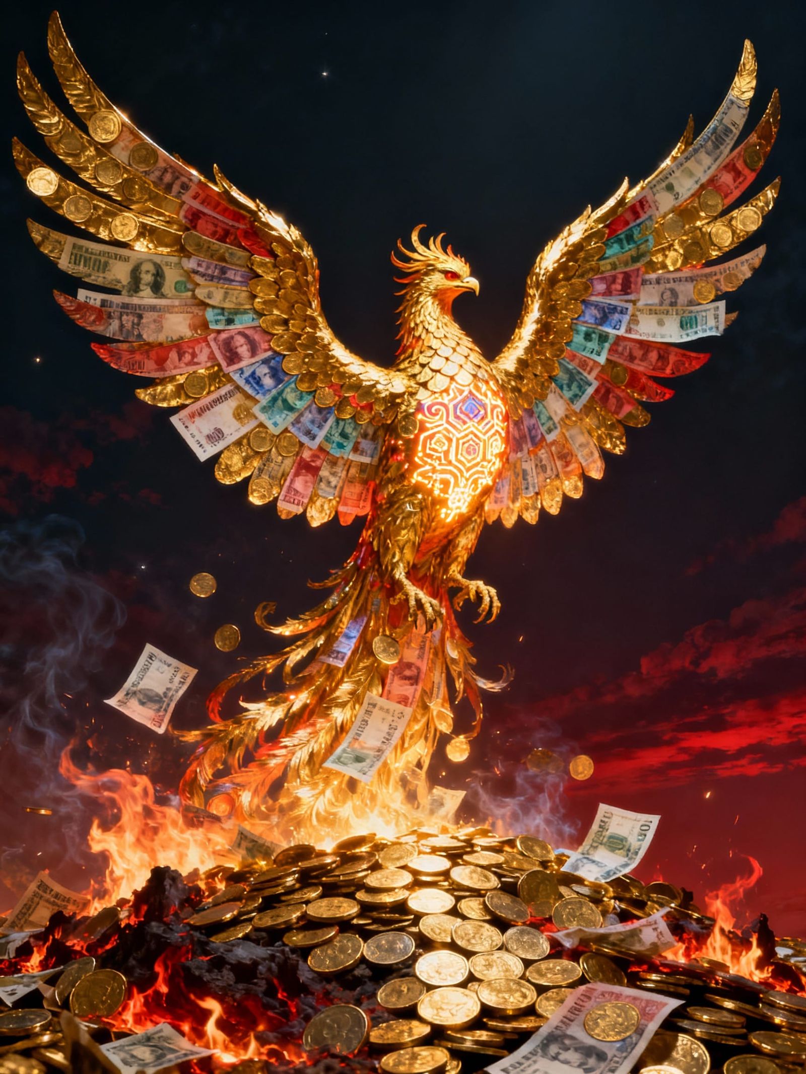 Phoenix of Coins and Banknotes Rises from Embers