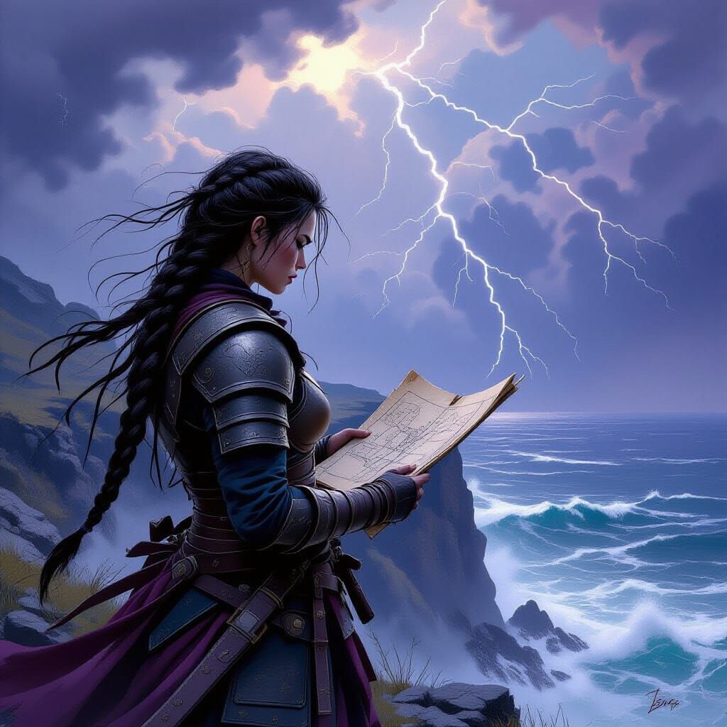 Viking Woman Overlooking Stormy Sea in Painterly Style