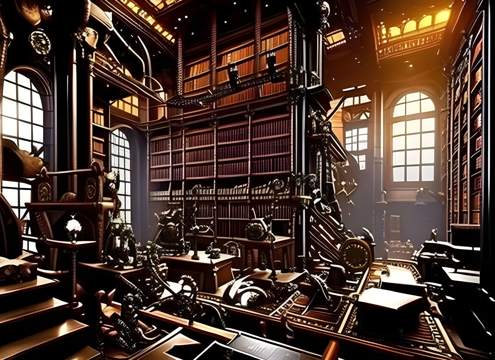 Magical Steampunk Library with Arcane Knowledge