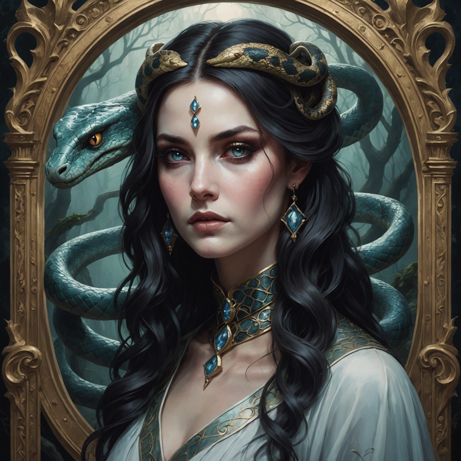 Ethereal Goddess with Serpent in Dreamlike Oasis