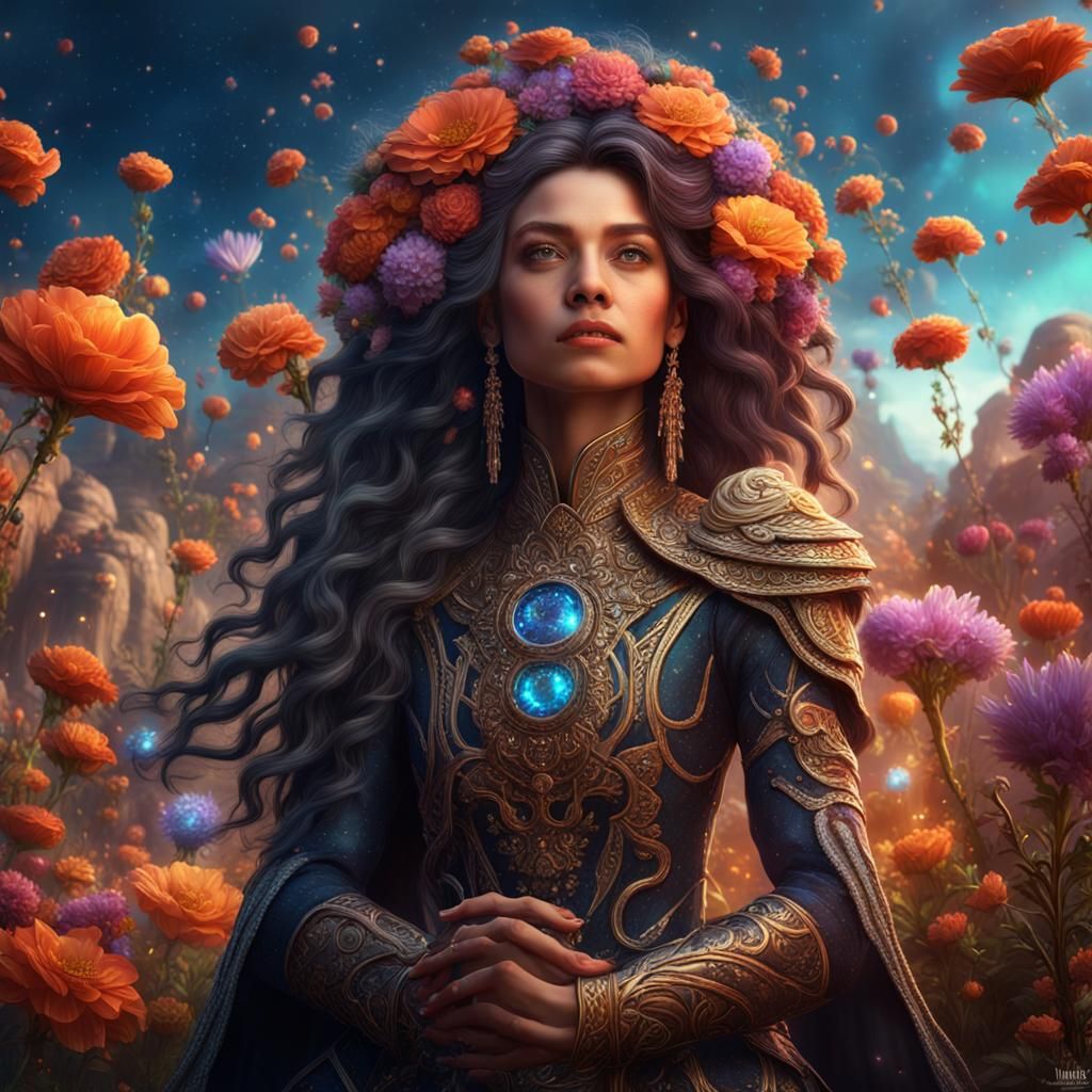 Woman with Flowers Seeking Power and Light