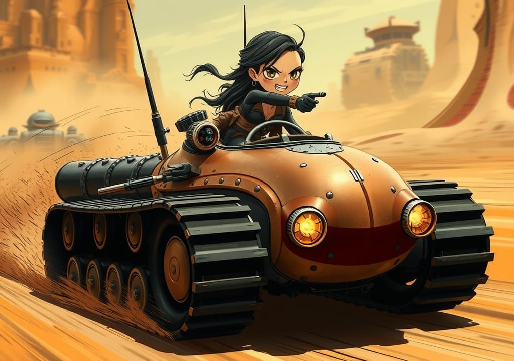 Chibi Woman Races Nut Tank in Mad Max Style