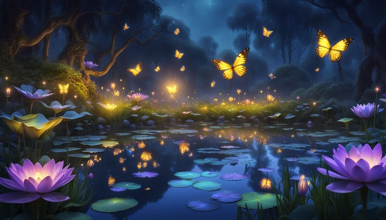 Dreamy Nightfall Landscape with Fairies and Fireflies