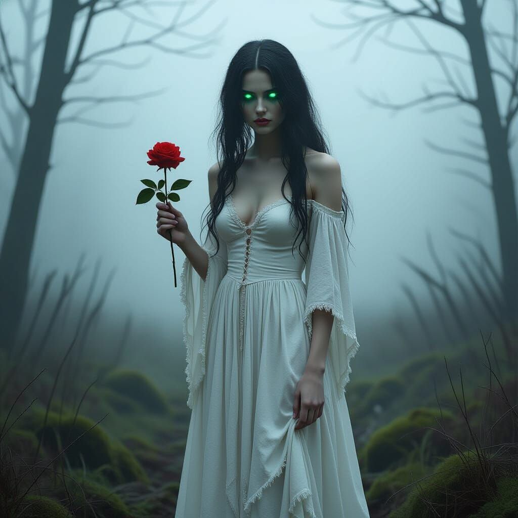 Ethereal Woman in Foggy Forest Holding Rose