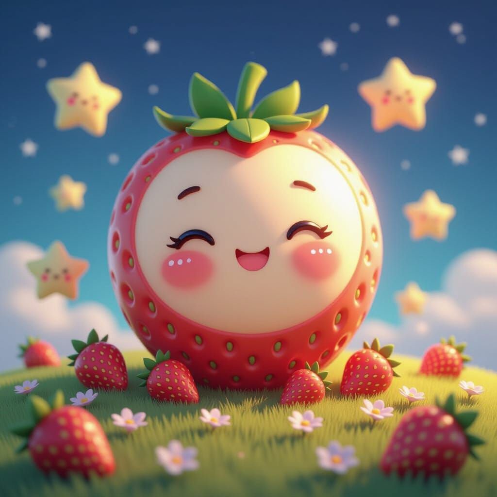 Kawaii Strawberry Moon with Smiling Pastel Stars
