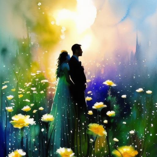 Silhouette of Happy Couple with Watercolor and Glitter