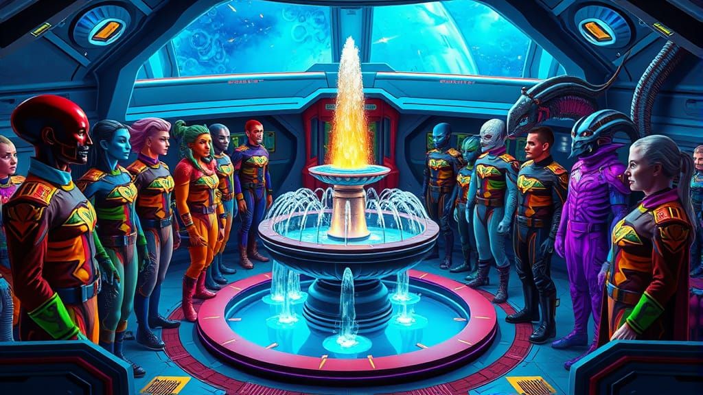 Cosmicfleet Academy Crew at Fountain in Royalpunk Style