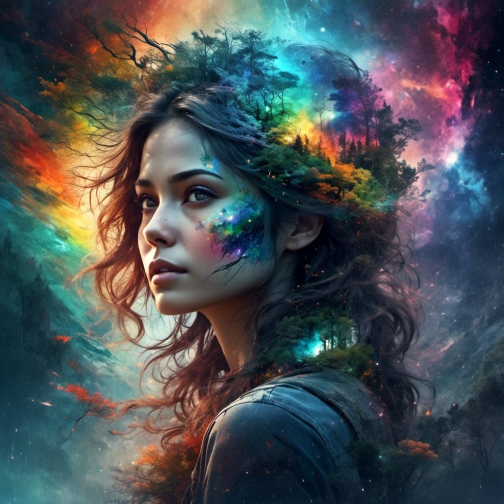 Stunning Woman in 3D with Muted Rainbow Colors