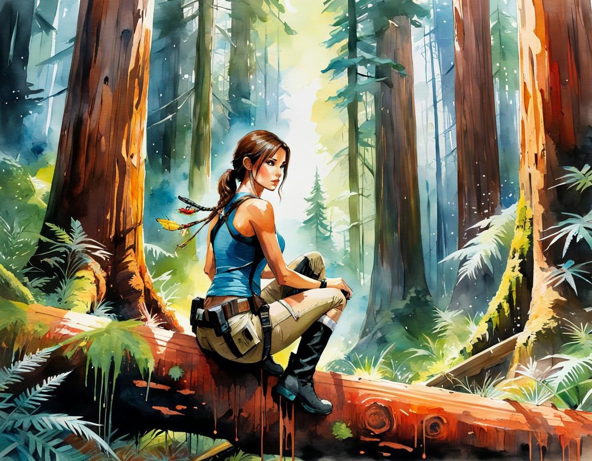 Lara Croft in Redwood Forest: Watercolor Manga Art