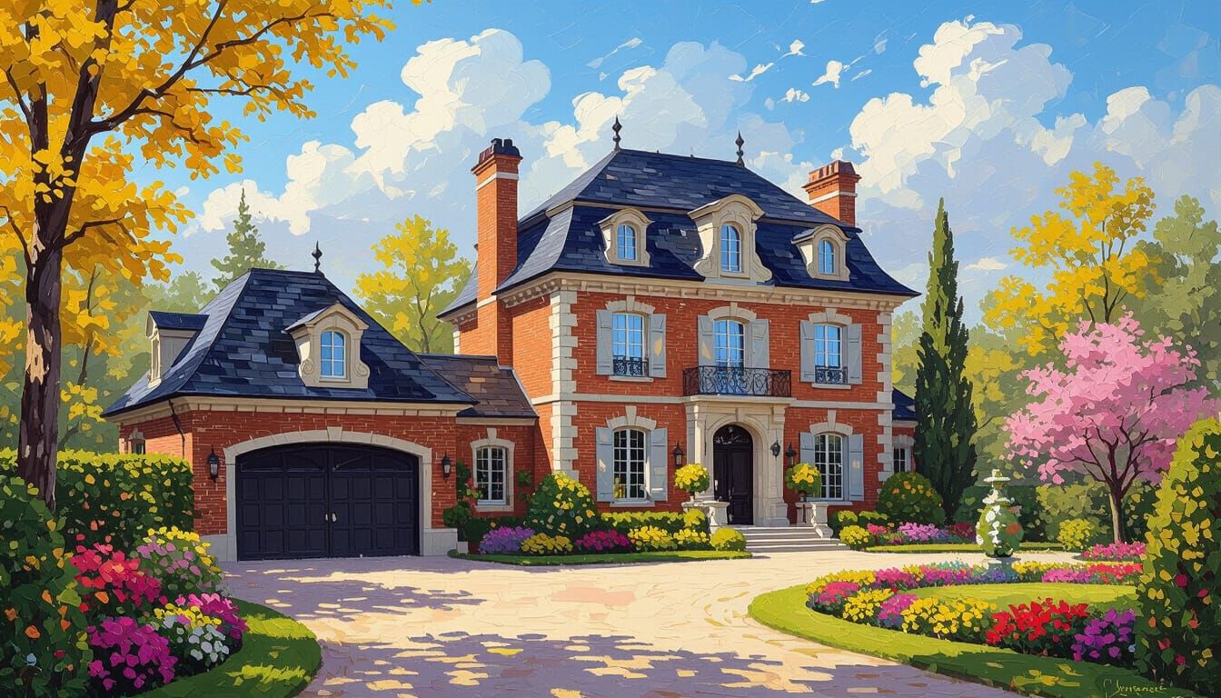 Elegant Chateau Amidst Vibrant Garden in Impressionist Style