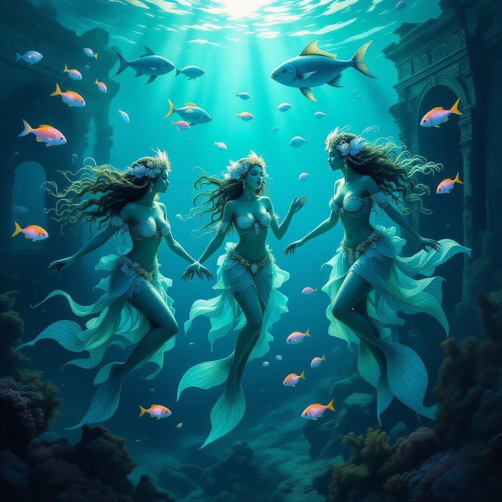 Ethereal Sea Nymphs in Bioluminescent City
