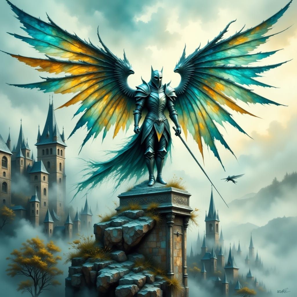 Warrior Stone Figure with Bioluminescent Wings