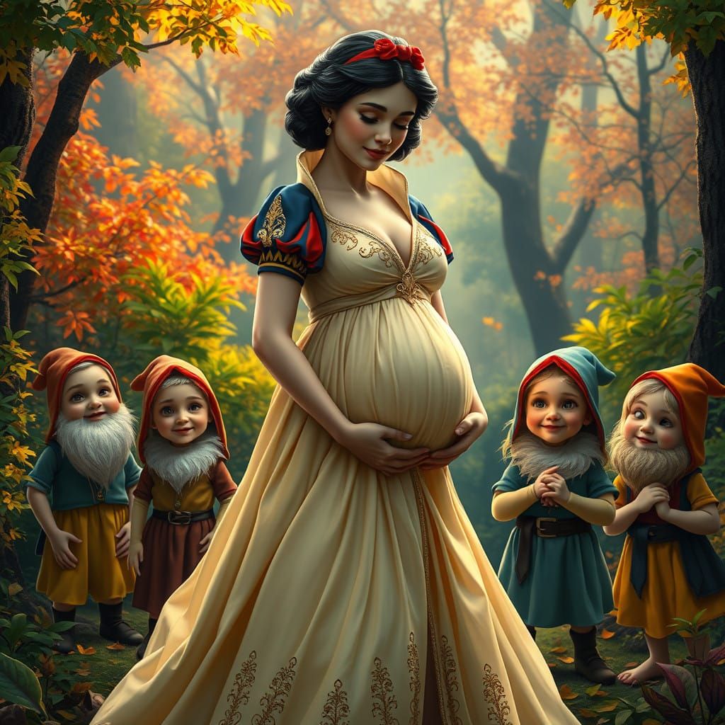 Pregnant Snow White in a Lush Forest with 7 Innocent Dwarfs