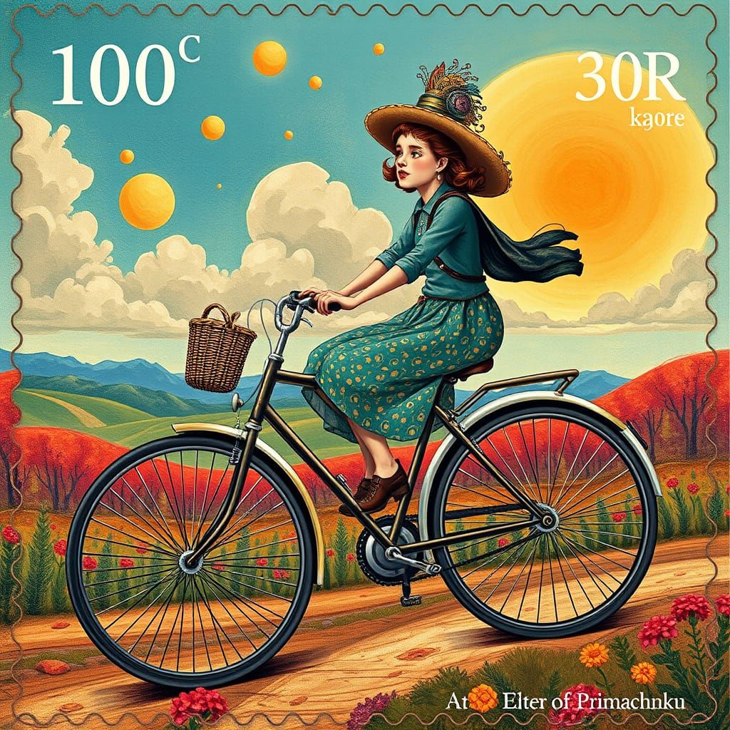Folk Art Woman on Vintage Bicycle as Postal Stamp